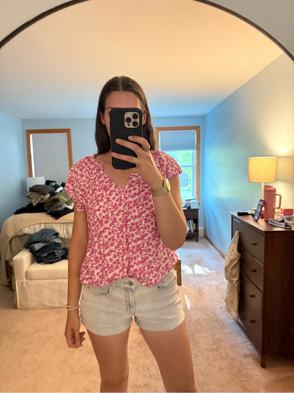 GAP Pink & White Floral V-Neck Short Sleeve Top